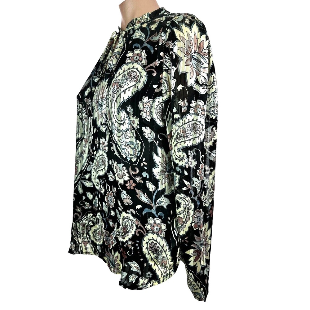 Tamara H. Sz S/P Blouse Ruffled Neckline Paisley Black w/Beige,Pink & Gold Metal - Picture 6 of 6